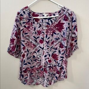Lucky Brand Floral Print Women's Short Sleeve V Neck Top Sz M